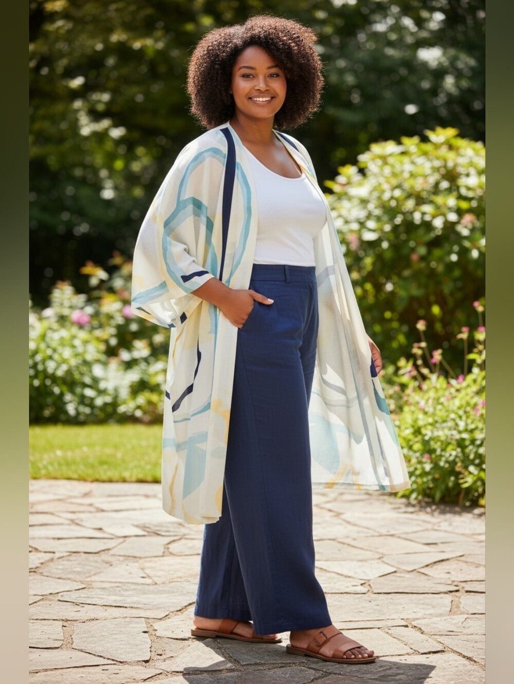 Chicos Lightweight Printed Open-Front Kimono Jacket - Cream & Blue L/XL